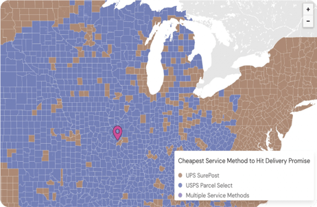 A color-coded map of the United States displaying shipping service method optimization using Shipium’s Dynamic Time-in-Transit (TnT) model