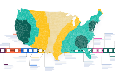 A map of the different shipping zones across the US. The map is overlaid with a visual representation of a shipping route, displaying interconnected shipping hubs and distribution centers