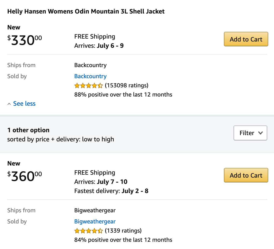 A screenshot showing an Amazon retailer leveraging FBA to display accurate delivery promises based on product-purchase options. 
