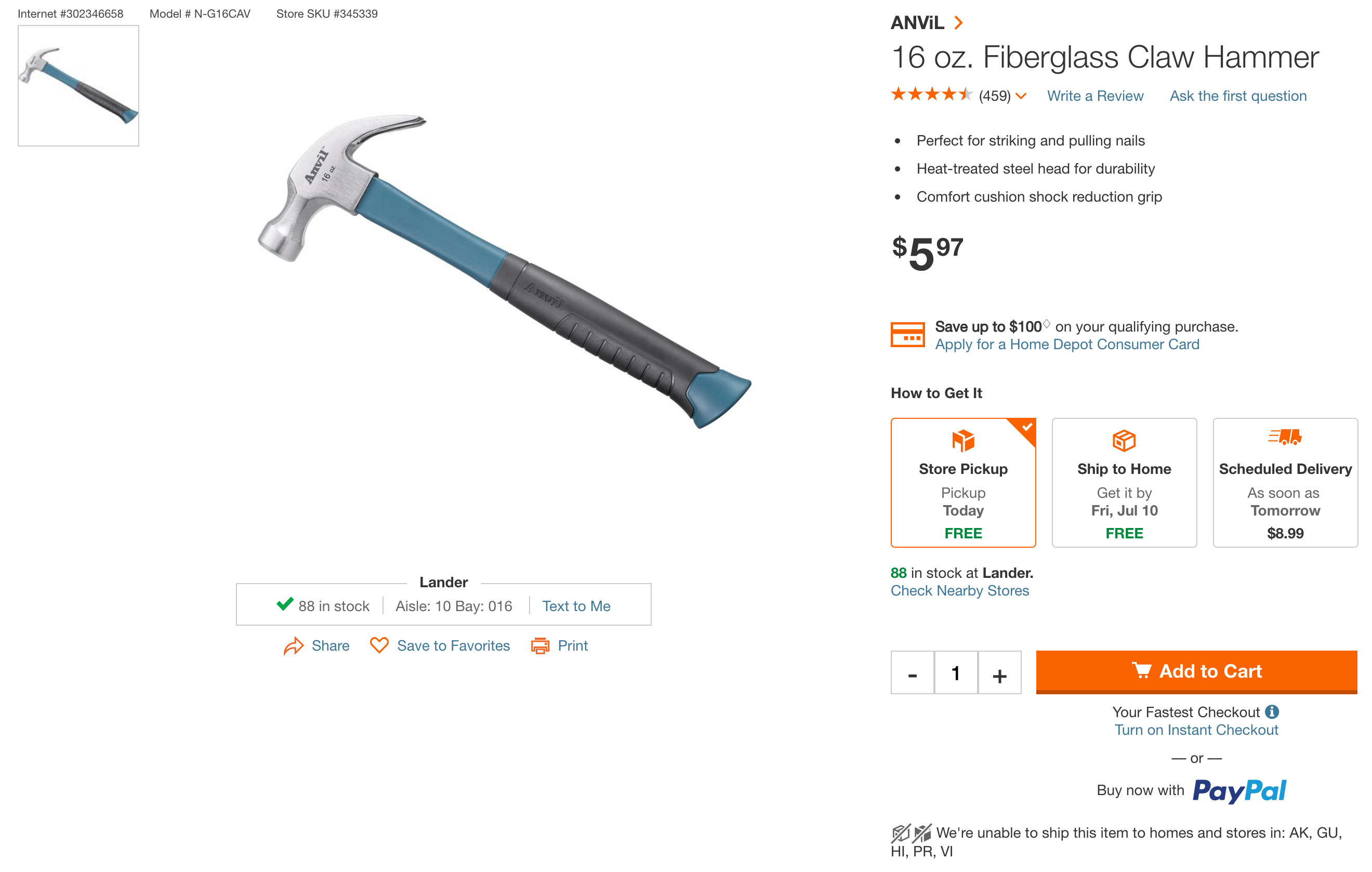 A screenshot that shows a Home Depot product page displaying options that include shipping as well as in-store and curbside pickup. 