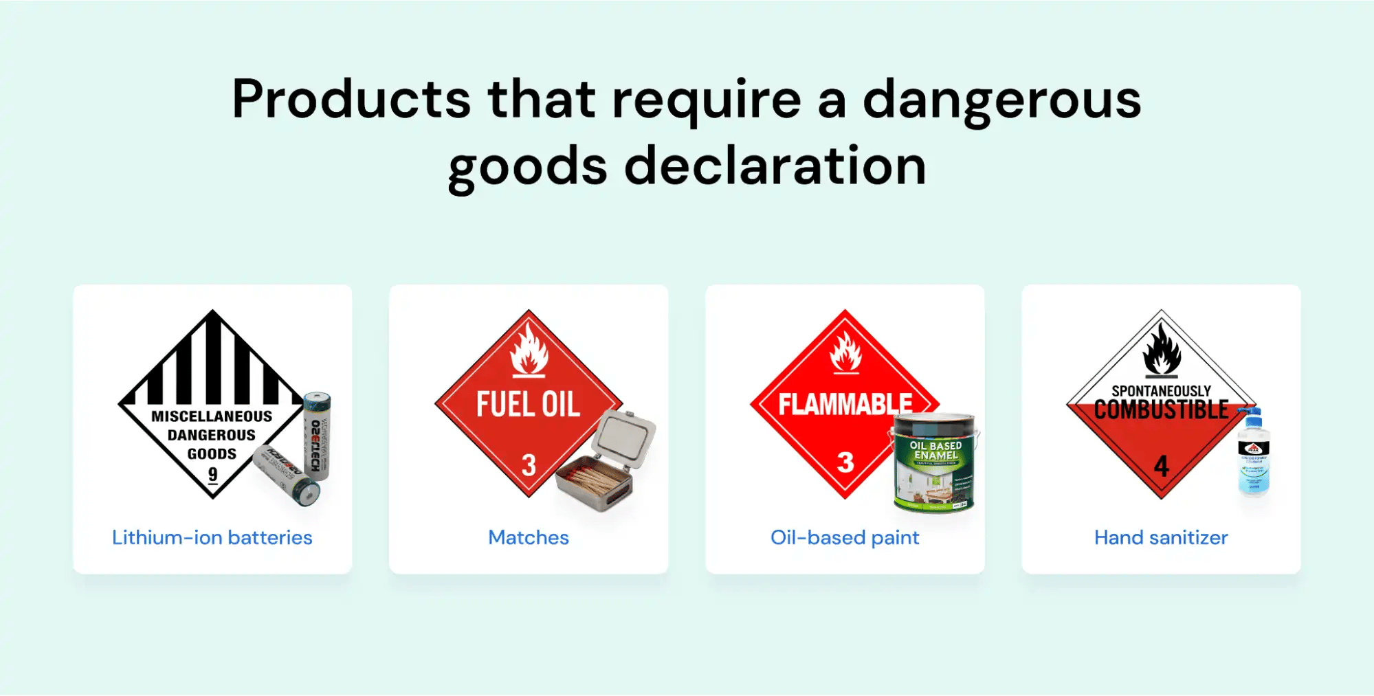 Products that require a dangerous goods declaration include lithium-ion batteries found in notebooks, matches, oil-based paint and hand sanitizer.