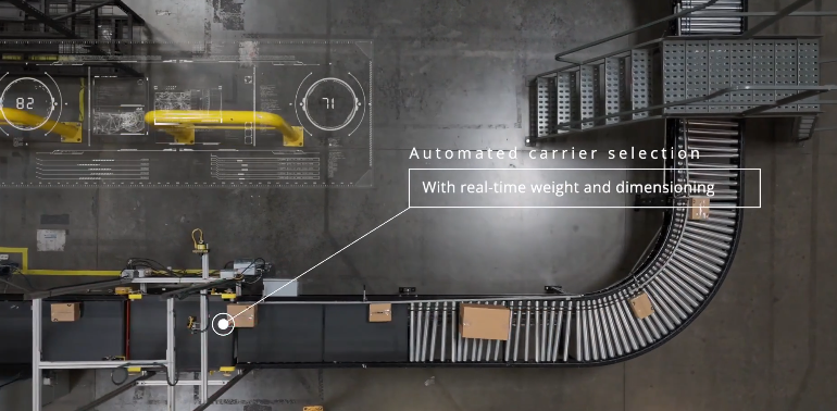 Overhead view of DCL Logistics conveyor system with automated carrier selection based on real-time weight and dimensions.