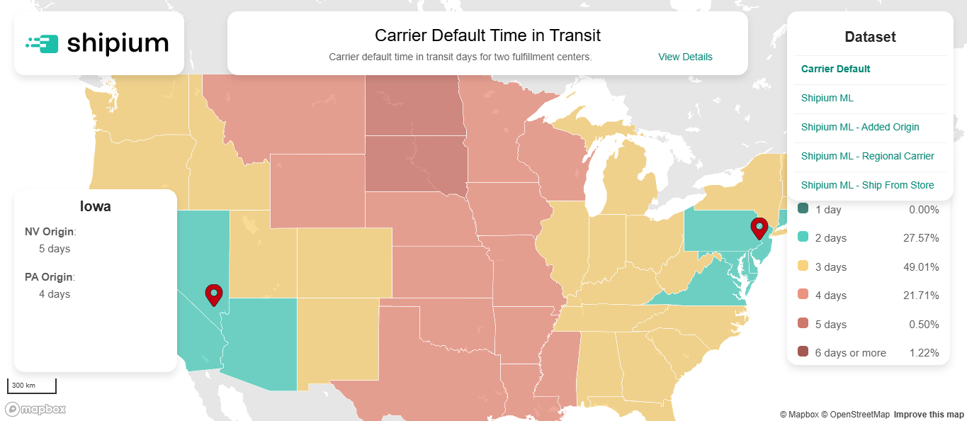 A map powered by Shipium’s ML-based time-in-transit modeling, built to help ecommerce businesses keep their delivery promises to customers.