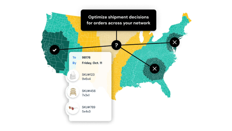 A map of the United States illustrating optimized shipment decision-making across a distribution network