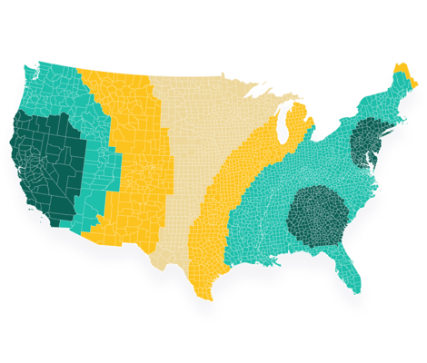 A map of the different shipping zones across the US