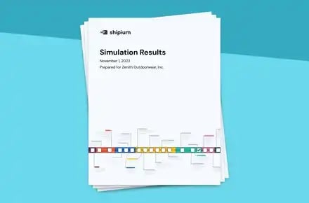 Cover page of a Shipium report titled 'Simulation Results,' showing a colorful data visualization timeline across the bottom, representing fulfillment network modeling and scenario analysis.