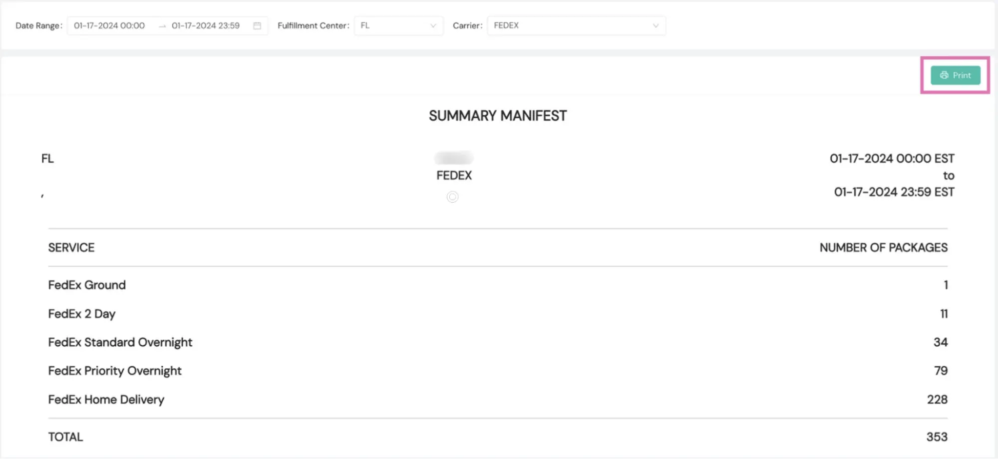 A shipping manifest summary report in Shipium.